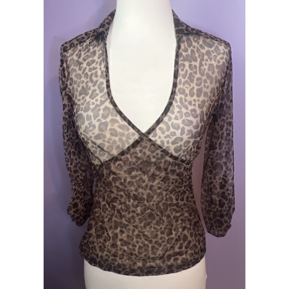 VTG Y2K French Kiss Leopard Print Sheer Wrap Top  V-Neck Collar Blouse Small